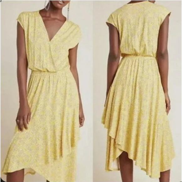 Maeve Anthropologie Fete Faux Wap Dress Sz L Midi Hi Low Yellow - Picture 1 of 7